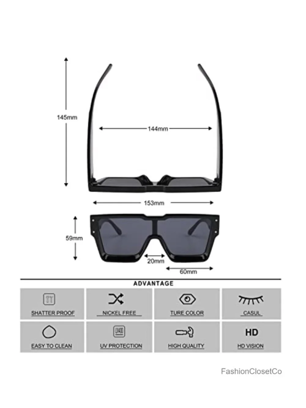 Oversized Square Sunglasses for Women Men UV400 Protection